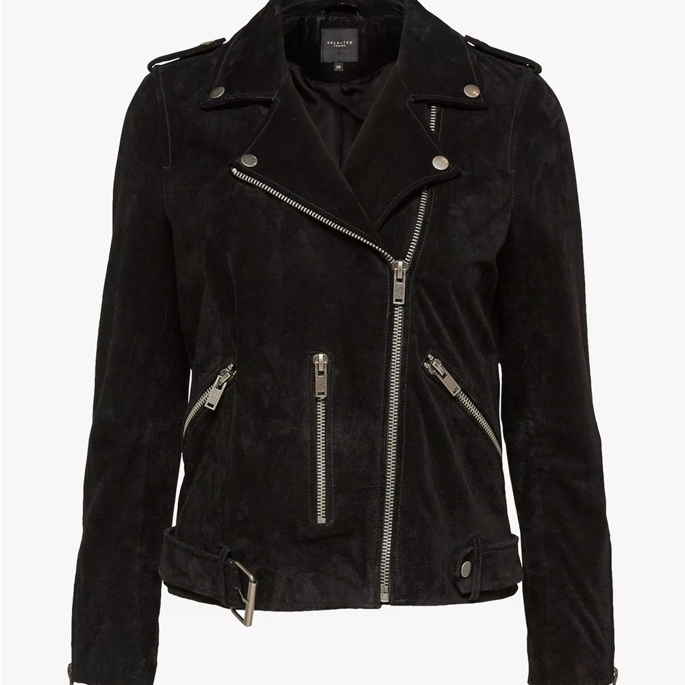 Trendy Black 100% Genuine Suede Leather Biker Jacket size 36 / 2 / XS